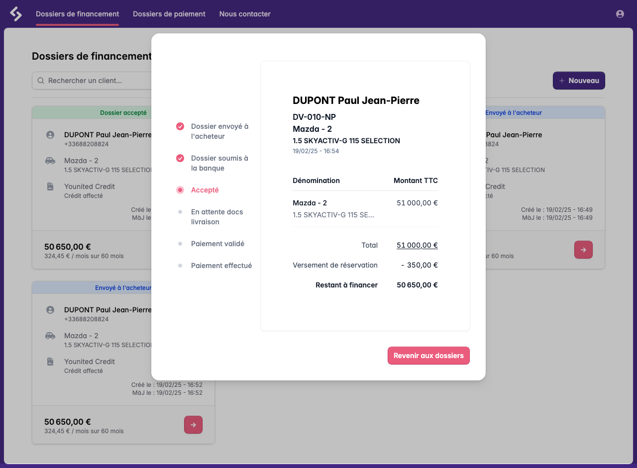 Interface de suivi des dossiers Finzr Credit