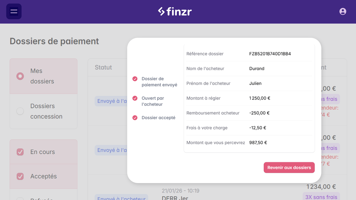 Interface de suivi des dossiers de paiement Finzr Pay